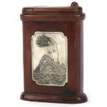Japanese carved hardwood puzzle box with inset bone panels carved with mermaids, 10.5cm high