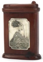 Japanese carved hardwood puzzle box with inset bone panels carved with mermaids, 10.5cm high