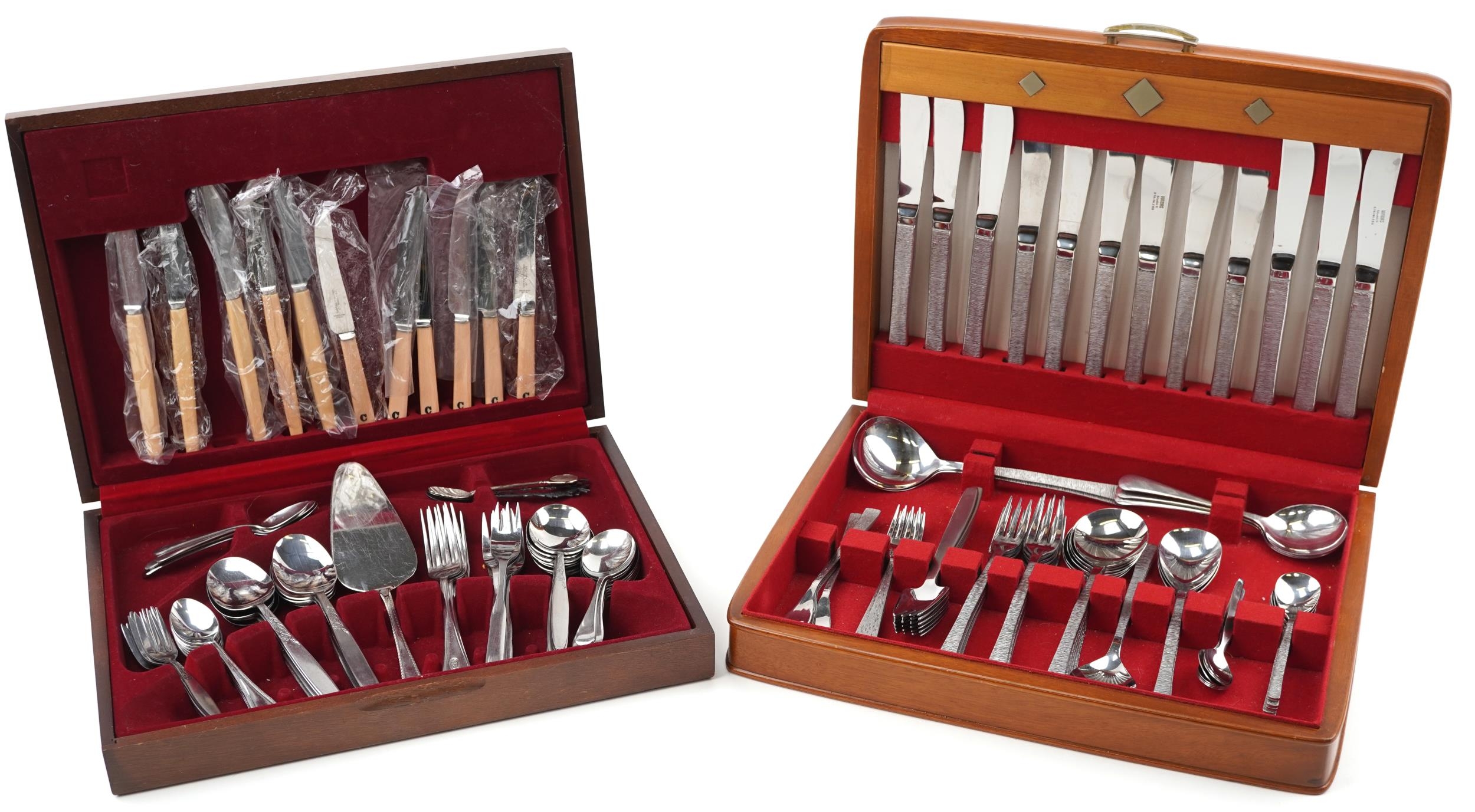 Mid century stainless steel cutlery arranged in two canteens including Viners Studio and Viners