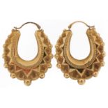 Pair of large Victorian style 9ct gold Gypsy hoop earrings, each 4cm high, total 3.0g