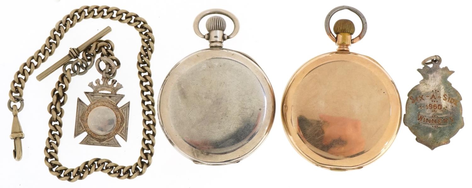 Two gentlemen's open face keyless pocket watches with two silver sports jewels and a white metal - Image 3 of 6