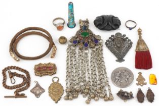 Sundry items including a Royal Army Service Corps medallion, Middle Eastern ring and brass watch