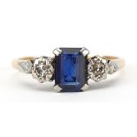 Art Deco 18ct gold and platinum sapphire and diamond ring, the sapphire approximately 7.10mm x 5.0mm