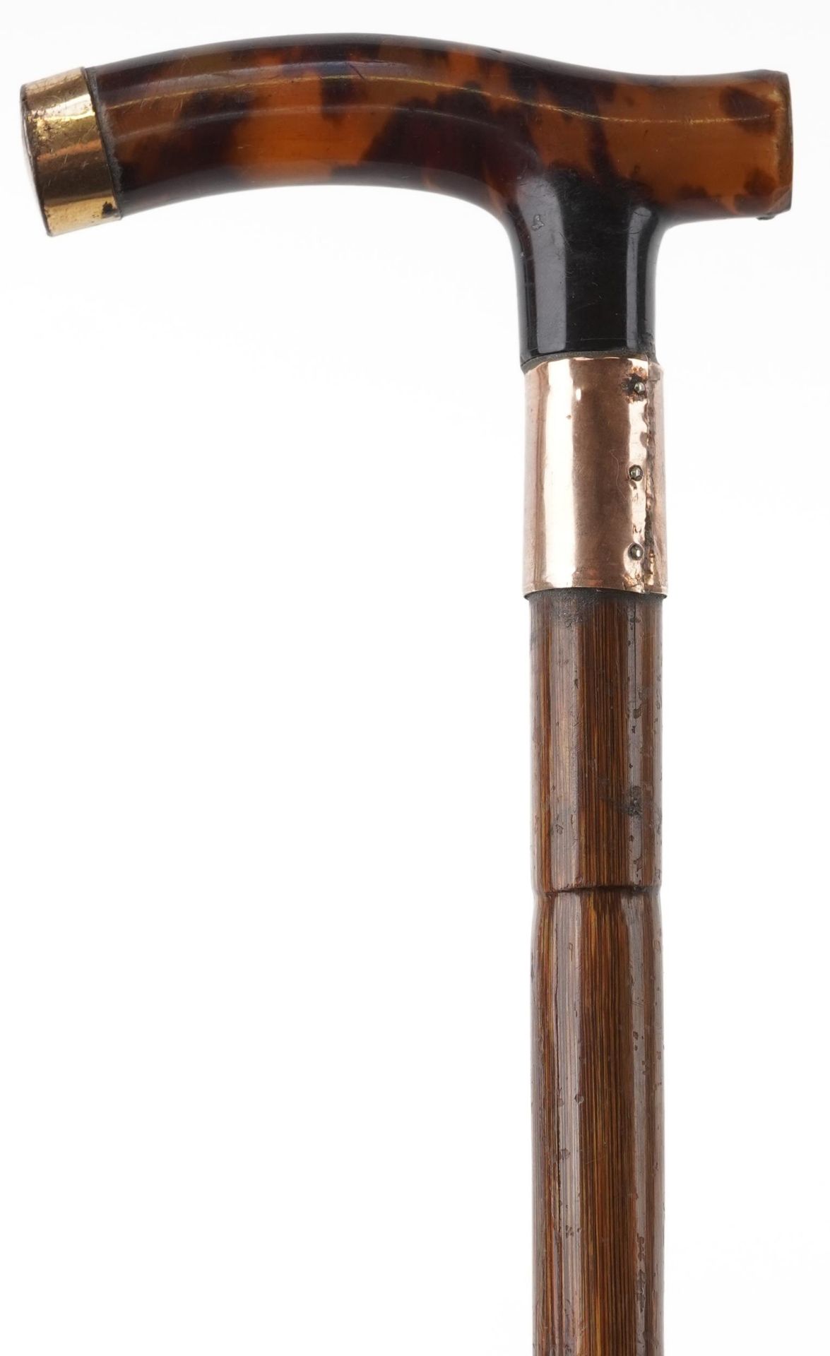 Victorian bamboo cane gold mounted walking stick with tortoiseshell handle and 9ct gold mount,