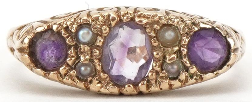 Victorian style 9ct gold amethyst and seed pearl ring with scrolled setting, size L, 2.4g
