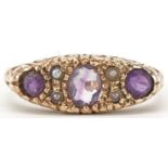 Victorian style 9ct gold amethyst and seed pearl ring with scrolled setting, size L, 2.4g