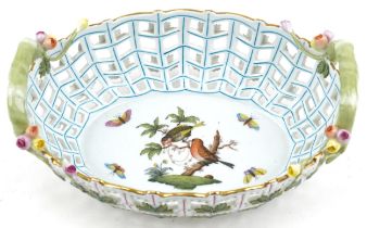 Herend, Hungarian pierced porcelain basket hand painted with birds on a branch and butterflies, 28cm