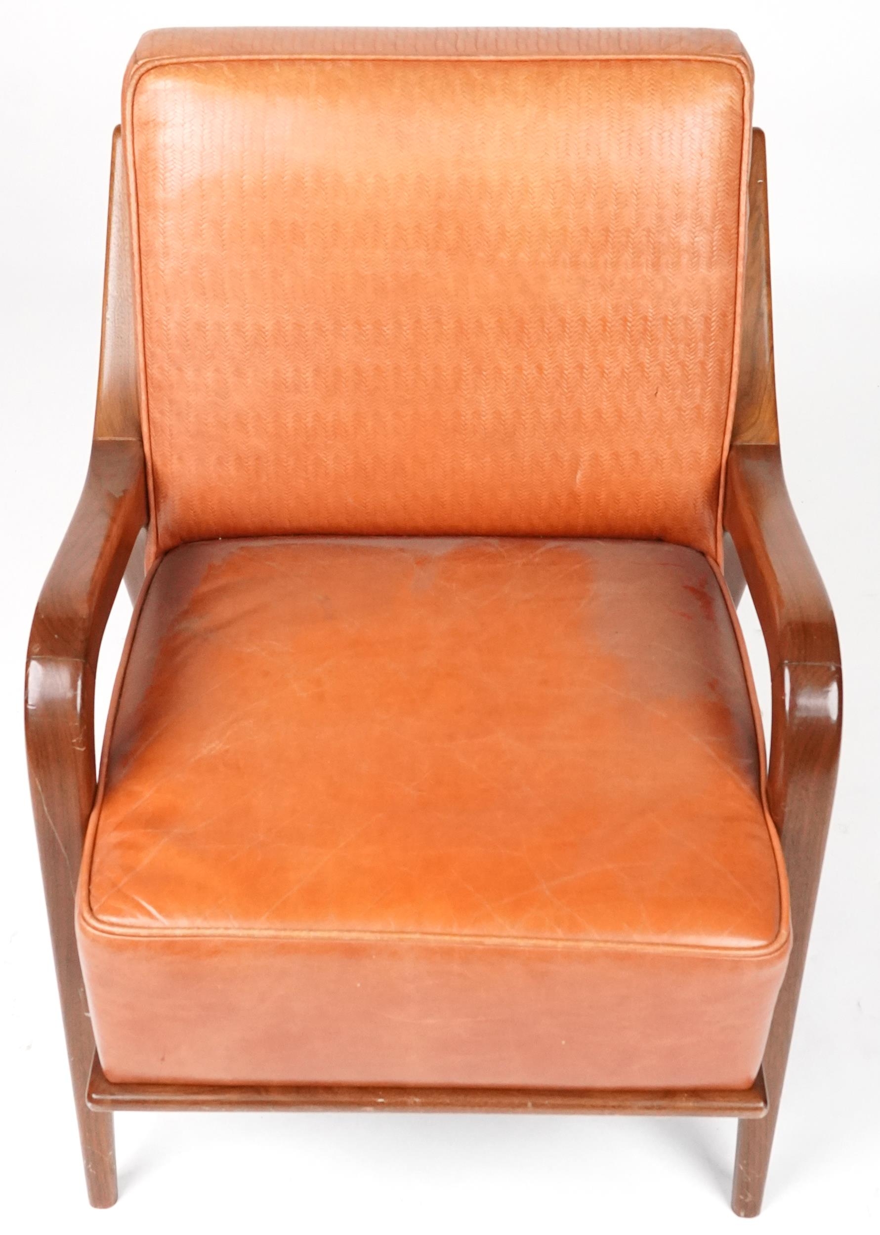 Scandinavian design hardwood lounge chair having tan upholstered back and seat, 86cm H x 62.5cm W - Image 3 of 4