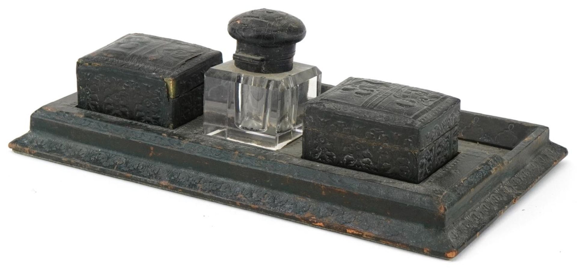 19th century European leather desk stand with two boxes, inkwell and letter opener embossed with - Image 5 of 6