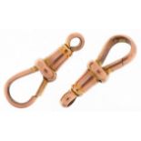 Two 9ct rose gold dog clip clasps, each 2cm in length, total 2.5g