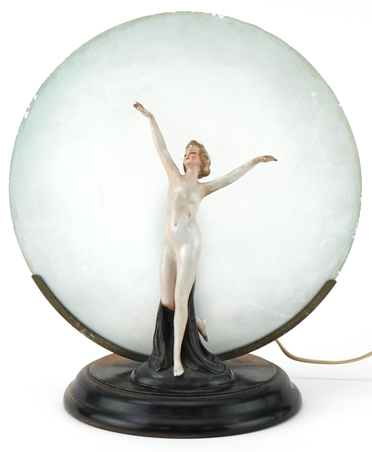 Art Deco porcelain table lamp of a nude female mounted on a wooden base with frosted glass shade, - Image 2 of 4