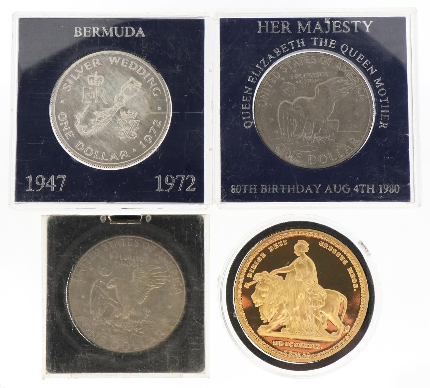 Two 1972 Liberty Dollars, silver wedding dollar and a silver copy of a Queen Victoria five pound