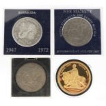 Two 1972 Liberty Dollars, silver wedding dollar and a silver copy of a Queen Victoria five pound