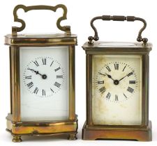 French brass serpentine fronted carriage clock with enamelled dial together with another brass