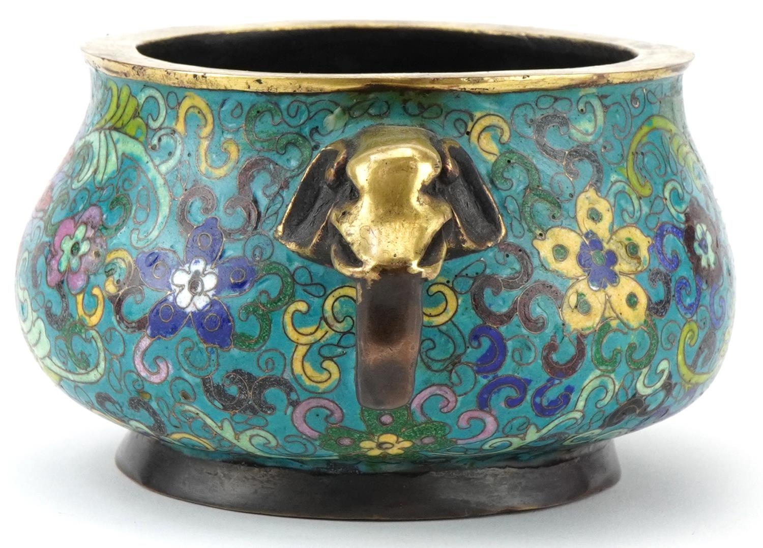 Chinese patinated bronze and cloisonne censer with elephant head handles enamelled with flowers - Image 5 of 8