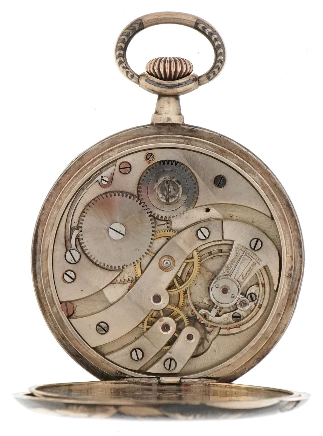 French Art Deco silver and gold niello work open face keyless pocket watch having silvered and - Image 3 of 5