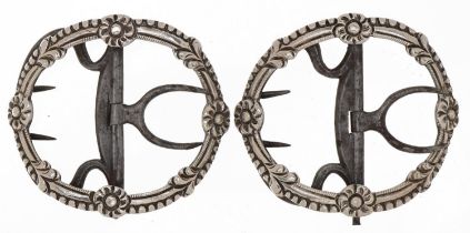 Two Georgian style silver and steel belt buckles cast with stylised flowers, incomplete hallmarks,