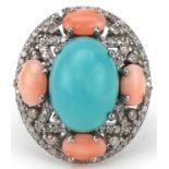 White metal diamond, cabochon turquoise and pink coral cocktail ring, total diamond weight