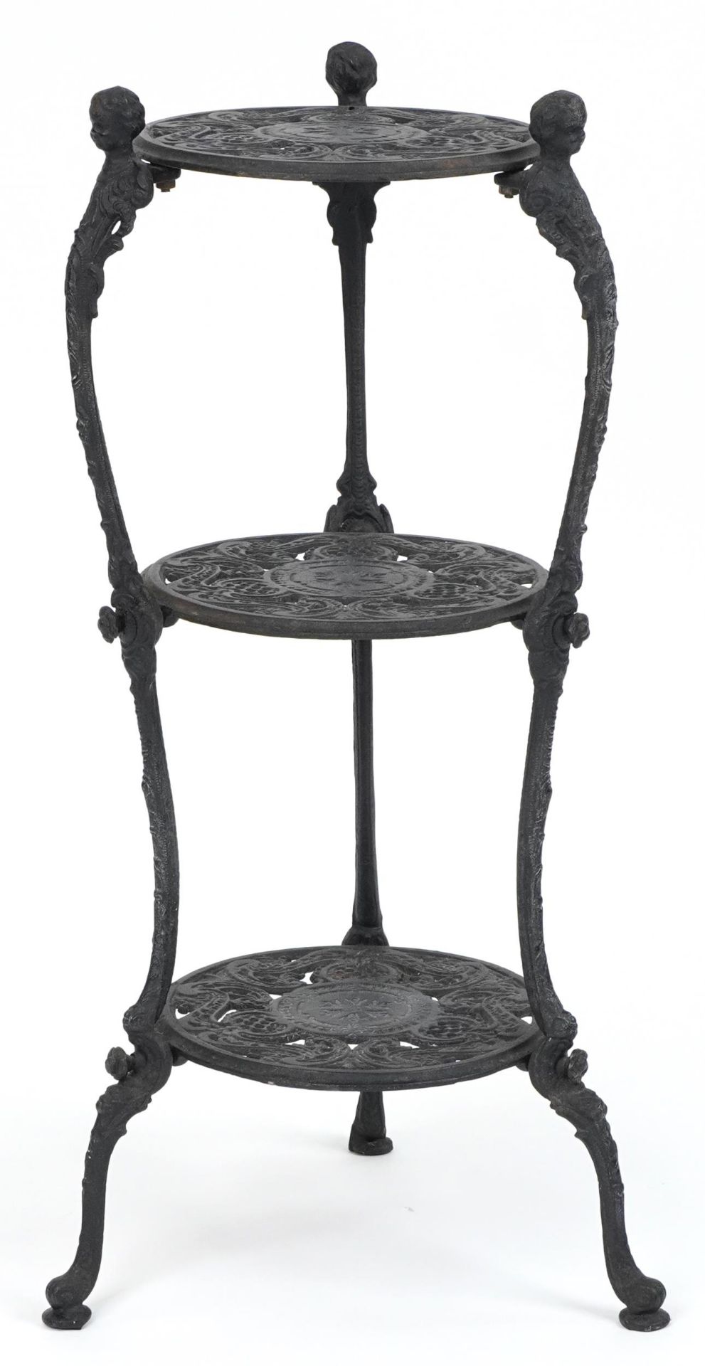 Victorian style cast iron three tier plant stand with figural mounts, 74cm high - Image 5 of 6