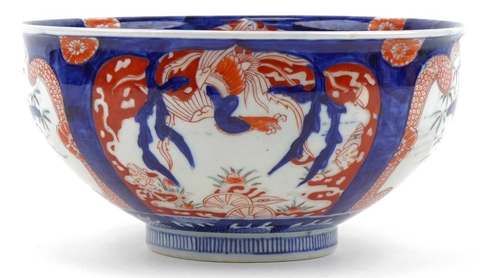 Japanese Imari porcelain bowl hand painted with panels of flowers, 25cm in diameter - Image 3 of 6