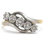 18ct gold diamond five stone crossover ring, size O, 4.5g