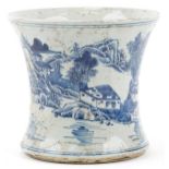 Chinese stoneware vase having waisted body hand painted with pagodas and landscapes, six figure