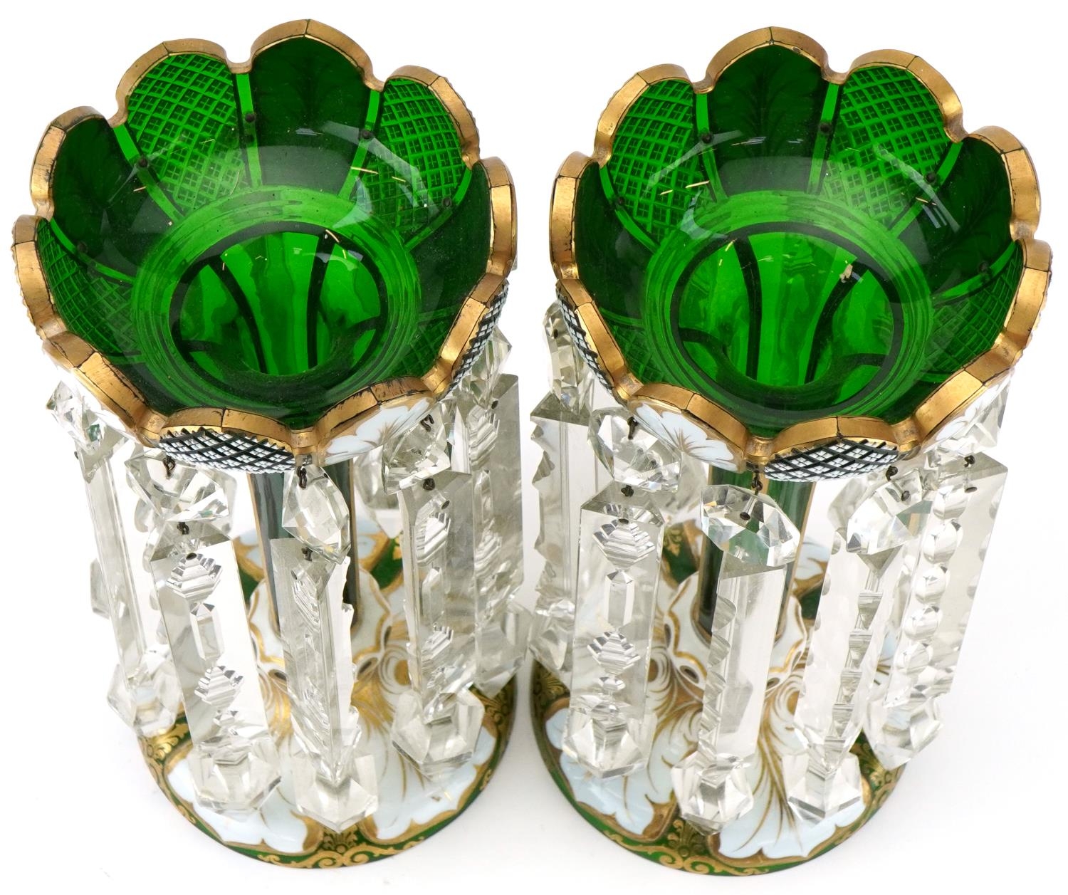 Pair of Victorian overlaid green glass lustres hand painted with leaves, having clear glass drops, - Image 3 of 4