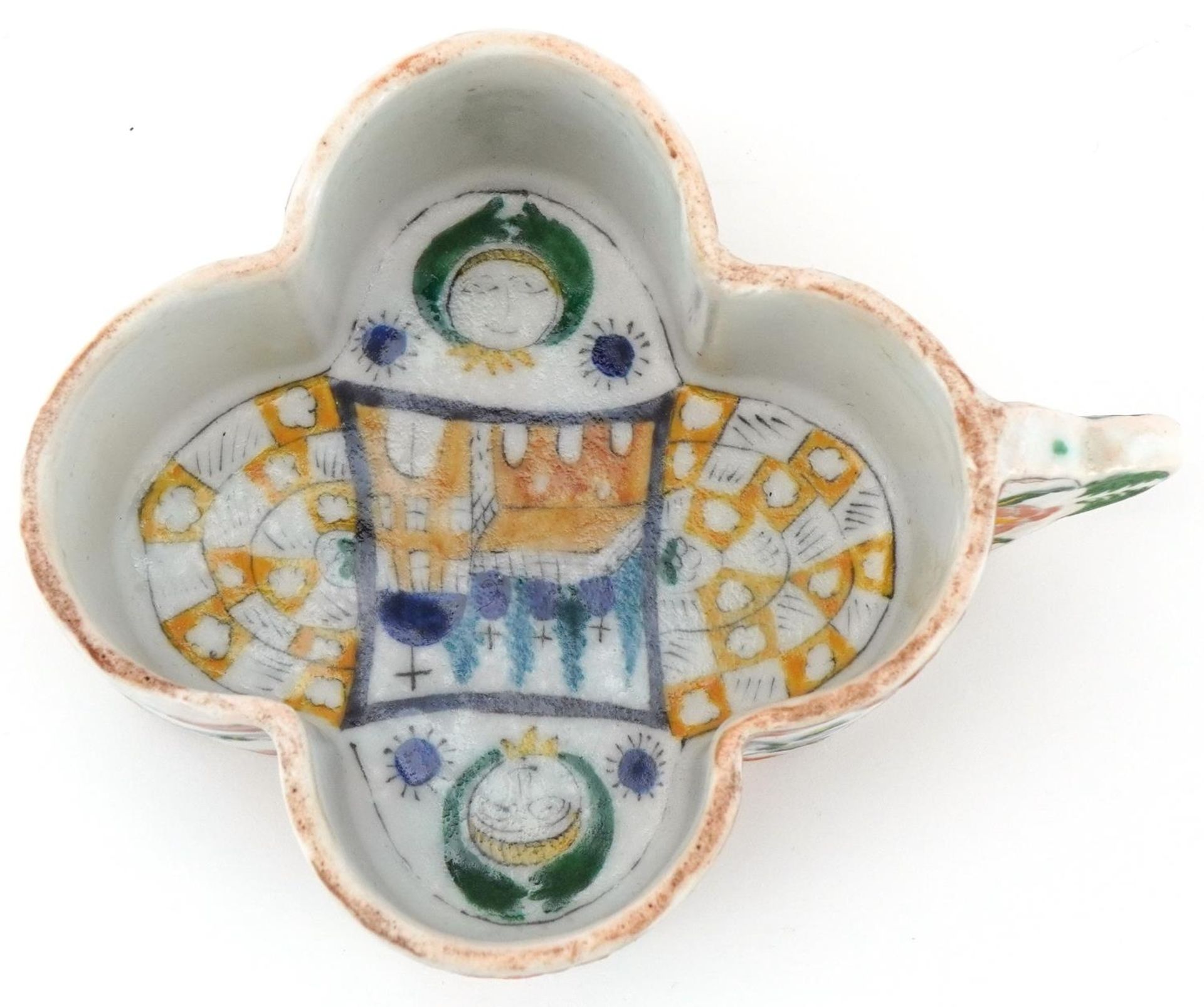 Turkish Ottoman Armenian Kutahya cup hand painted with faces and stylised flowers, 15.5cm in length - Image 3 of 5