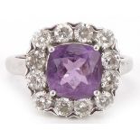 9ct white gold amethyst and diamond cluster ring, total diamond weight approximately 1.00 carat,