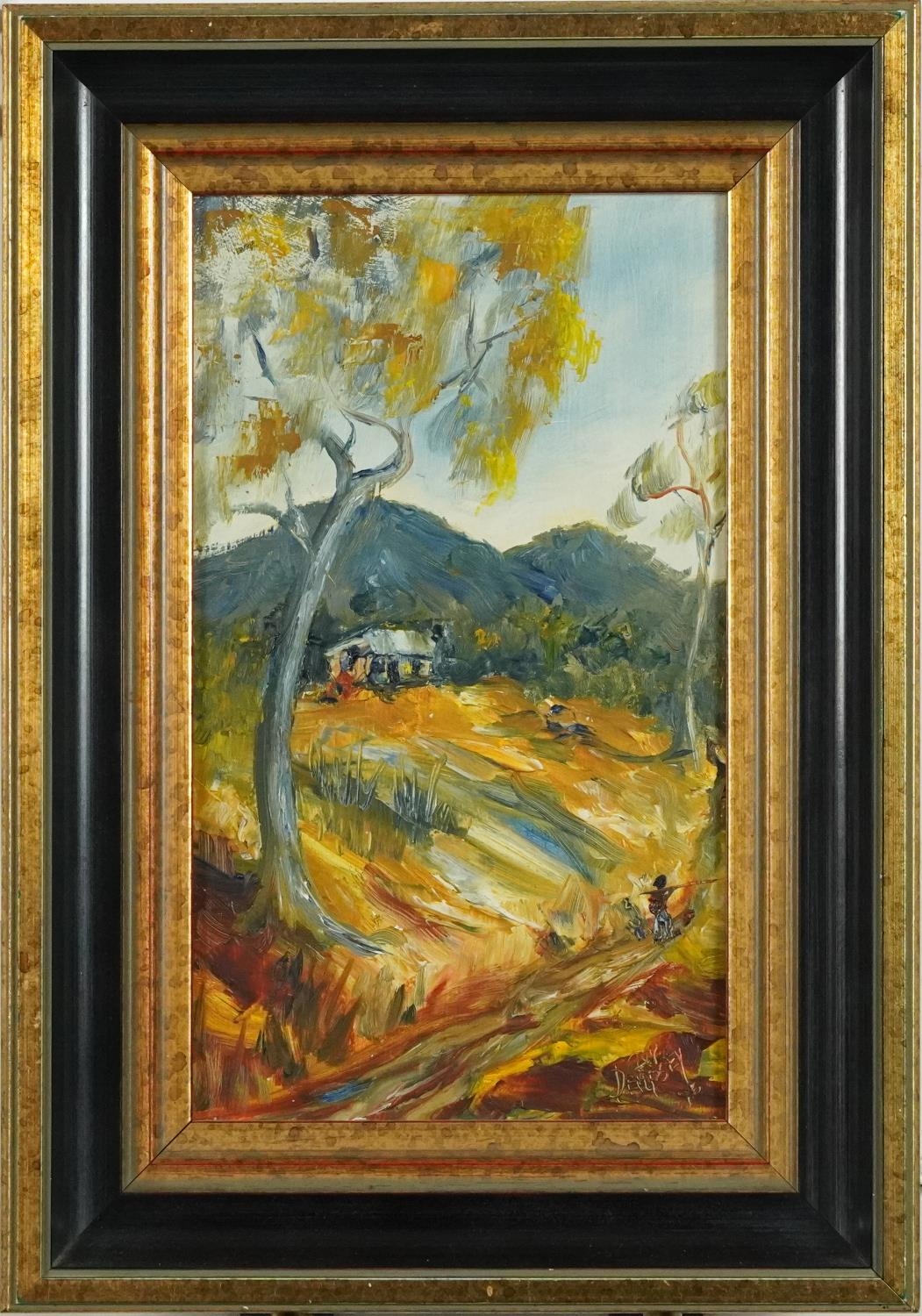 Dempsey - Figure before a hut, continental school Impressionist oil on board, mounted and framed, - Image 2 of 5