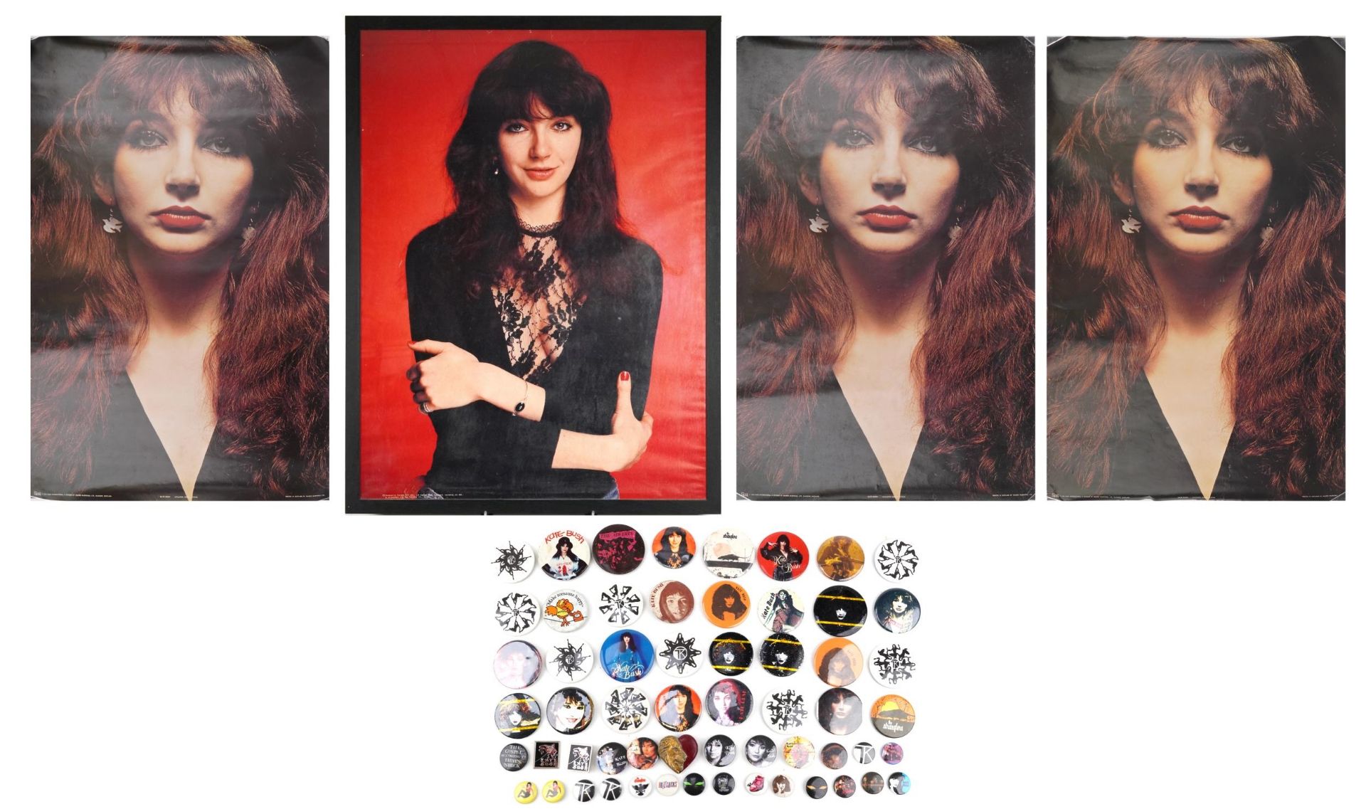 Kate Bush memorabilia comprising three posters, one framed and vintage badges, the largest 95cm x