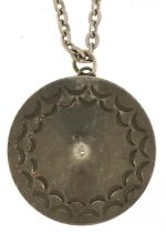 Jorgen Jensen, Danish mid century pewter pendant on a white metal necklace, the pendant numbered 53,