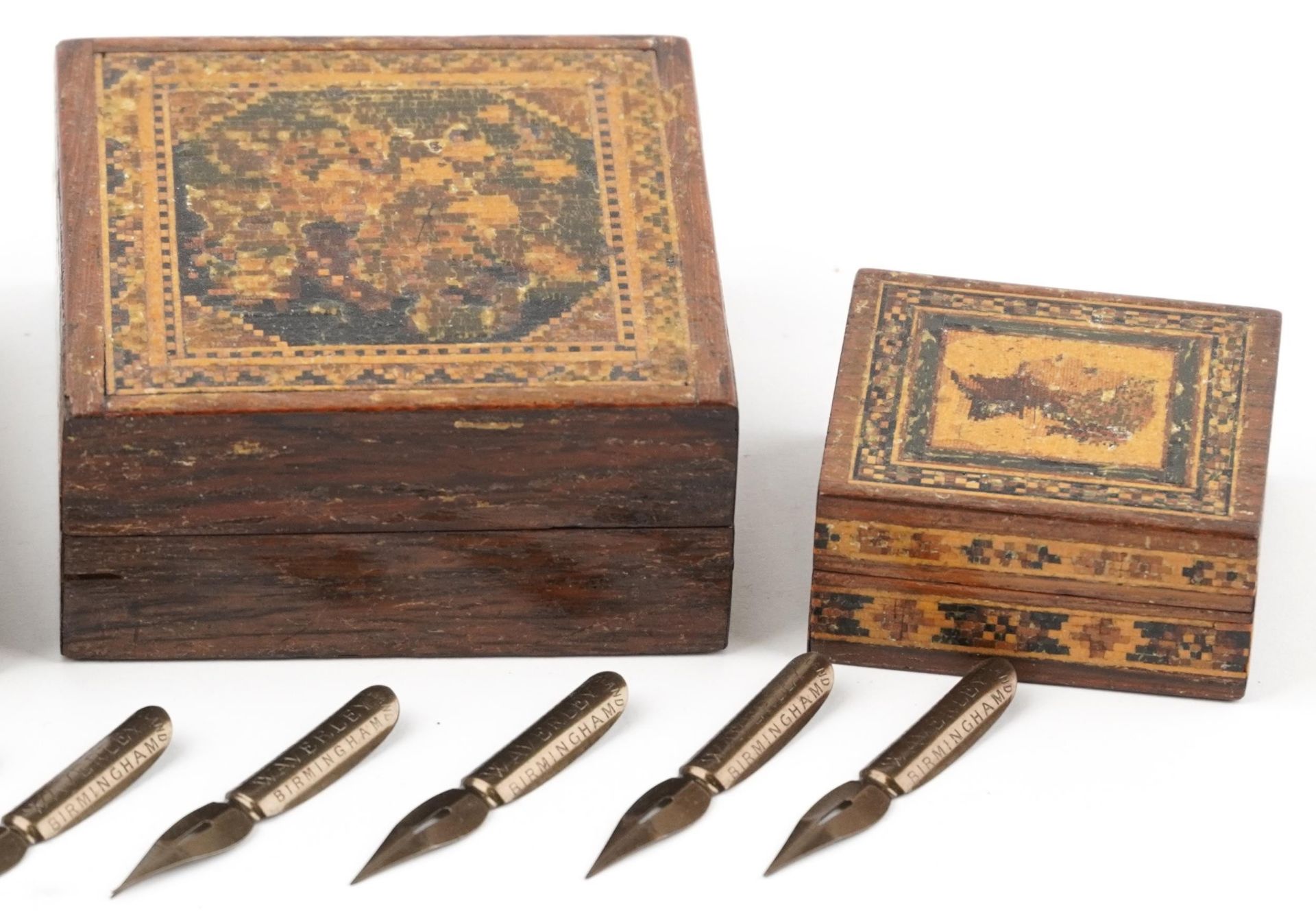 Three Victorian wooden Tunbridge Ware boxes including a stamp box example, the largest 2.5cm H x 8. - Image 3 of 3