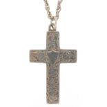 Edwardian floral engraved silver cross pendant on a white metal necklace, the pendant Birmingham