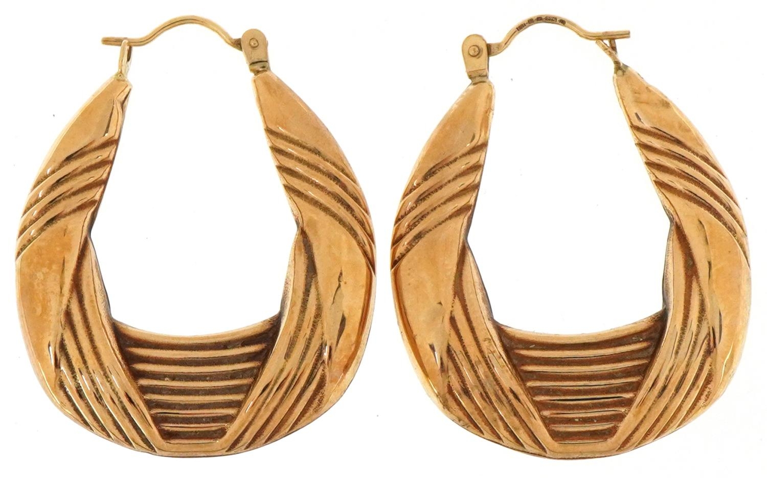 Pair of large 9ct gold Gypsy hoop earrings, each 3.5cm high, total 3.0g
