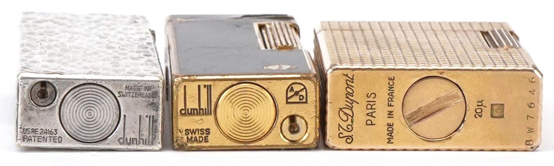 Three vintage pocket lighters, gold plated S J Dupont, silver plated Dunhill bark design and gold - Image 3 of 4