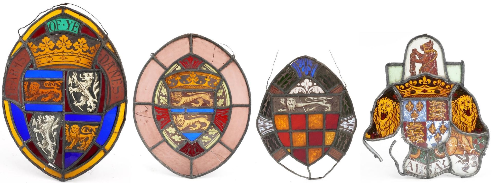 Four Danish leaded stained glass Heraldic Coat of Arms including one with lions and a bear, the