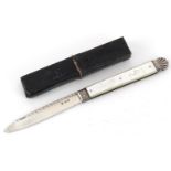 Georgian mother of pearl flanked silver folding fruit knife housed in a fitted case, incomplete