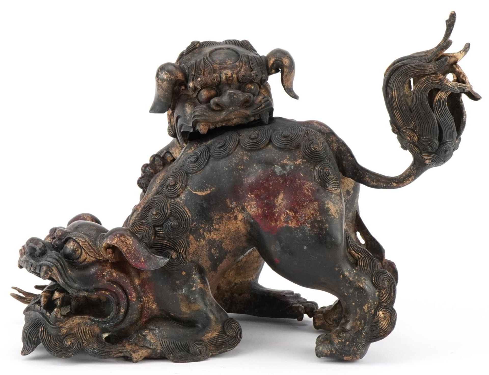 Chinese partially gilt bronze incense burner in the form of two Qulin's, 30cm in length - Image 2 of 7