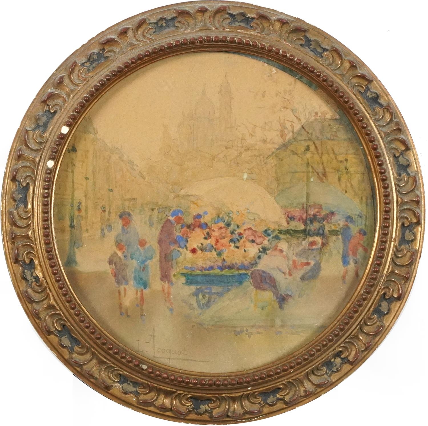 L Acoquat - Continental market scene, early 20th century circular pencil and watercolour, - Image 2 of 5