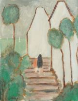 Figures on a pathway beside cottages and water, Irish school oil on canvas in a gilt frame, 44.5cm x