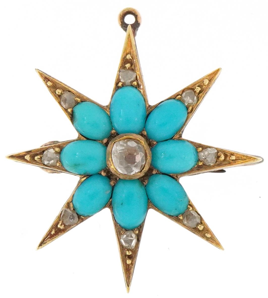 Antique unmarked gold diamond and blue enamel starburst pendant brooch, the central diamond