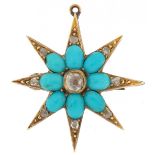 Antique unmarked gold diamond and blue enamel starburst pendant brooch, the central diamond