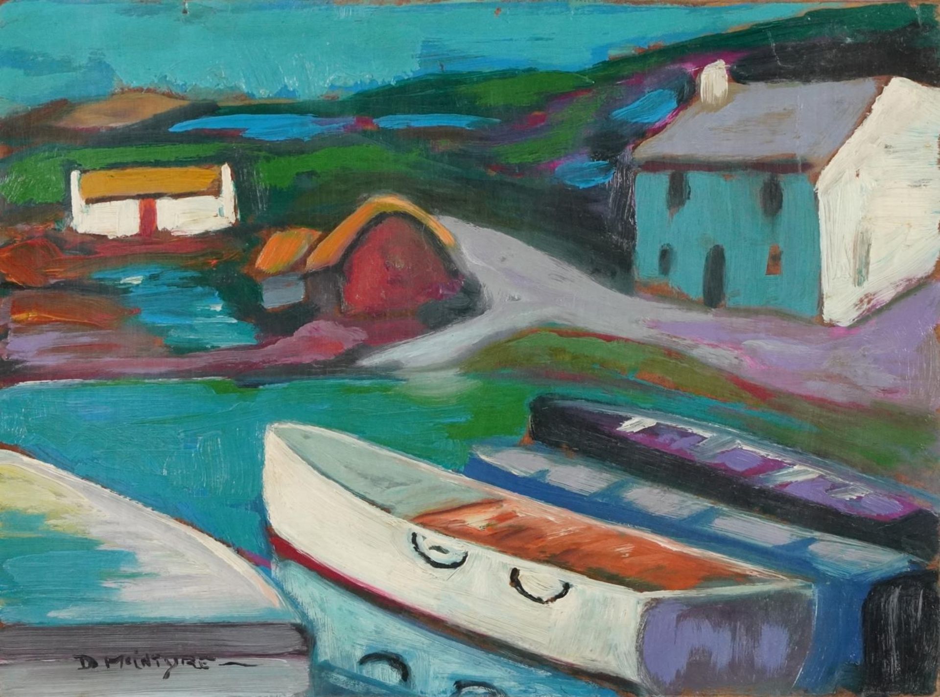 After Donald McIntyre - Moored boats before cottages, Scottish Colourist school oil on board,