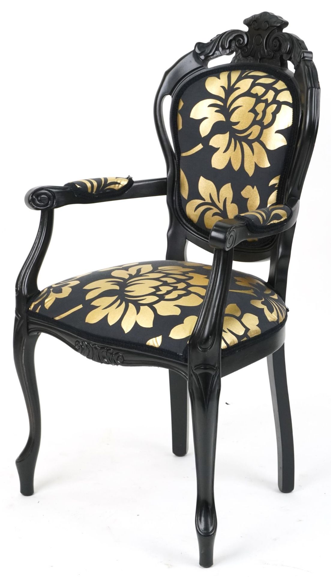 French style black painted elbow chair with black and gold floral upholstery, 103cm high