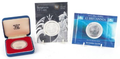 Queen Elizabeth II 2001 silver Britannia proof coin together with 2004 and 2008 Britannia silver