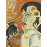 Susan Sanders - Abstract composition, face with cats, gouache, Richard Parkinson & Wye Art Gallery