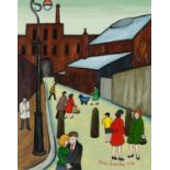 Manner of Alan Lowndes - Busy industrial scene by The Old Tripe Works, oil on Daler canvas board,