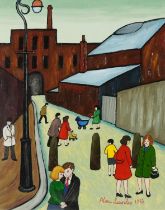 Manner of Alan Lowndes - Busy industrial scene by The Old Tripe Works, oil on Daler canvas board,