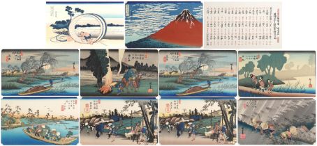 Ten Japanese woodblock prints housed in a gilt folder with artists signature, each mounted, each